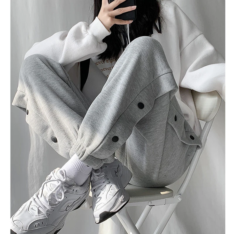 

Женские спортивные штаны с высокой талией, серые повседневные свободные спортивные штаны-джоггеры с эластичным поясом, прямые брюки с завы...