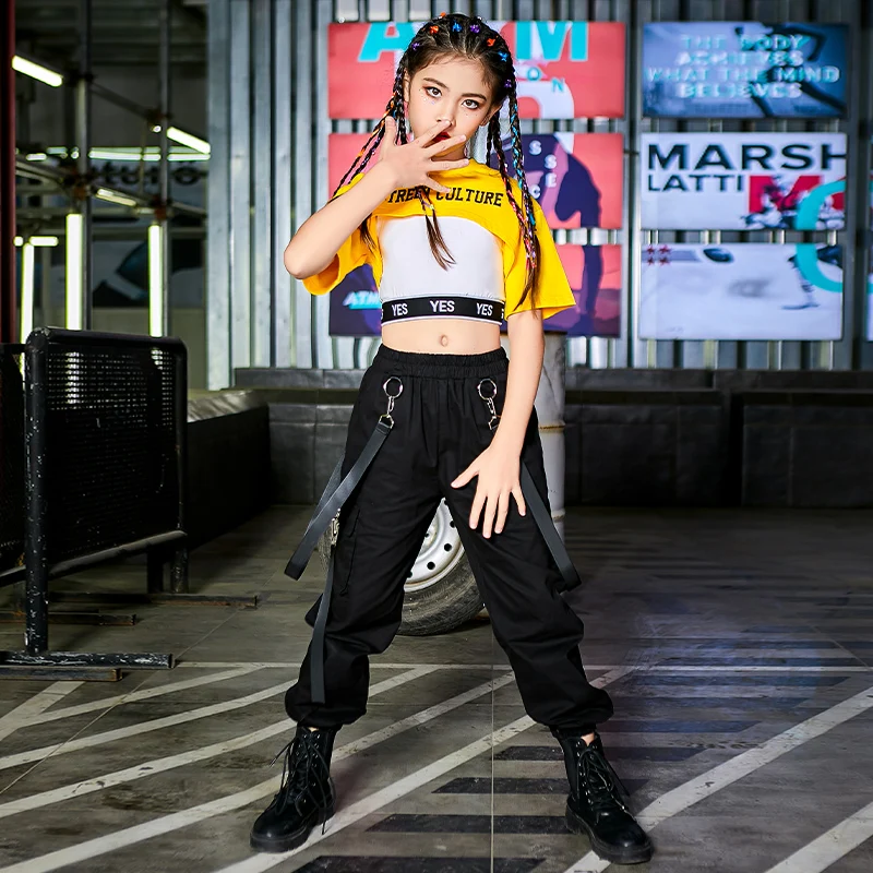 

Hip Hop Clothing Girls Jazz Dance Costume Suit Short Sleeve Crop Tops Black Hiphop Pants Ballroom Dancing Clothes Rave DNV14564