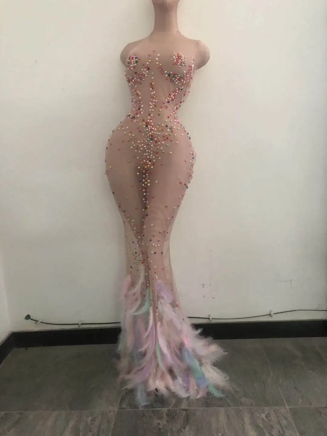 

2020 New Multi-color Pearl Feather Tail Transparent Net Long Dress Birthday Celebrate Outfit Bar Prom Women Dance show Dress