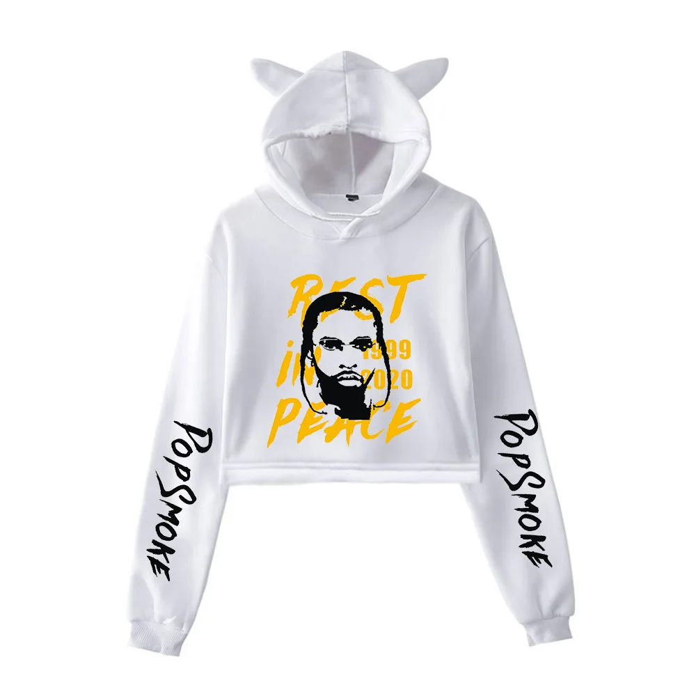 

RIP Rapper Pop Smoke Crop Top Hoodie Hip Hop Streetwear Kawaii Cat Ear Cropped Short Sweatshirt Hooded Pullover Women Tops