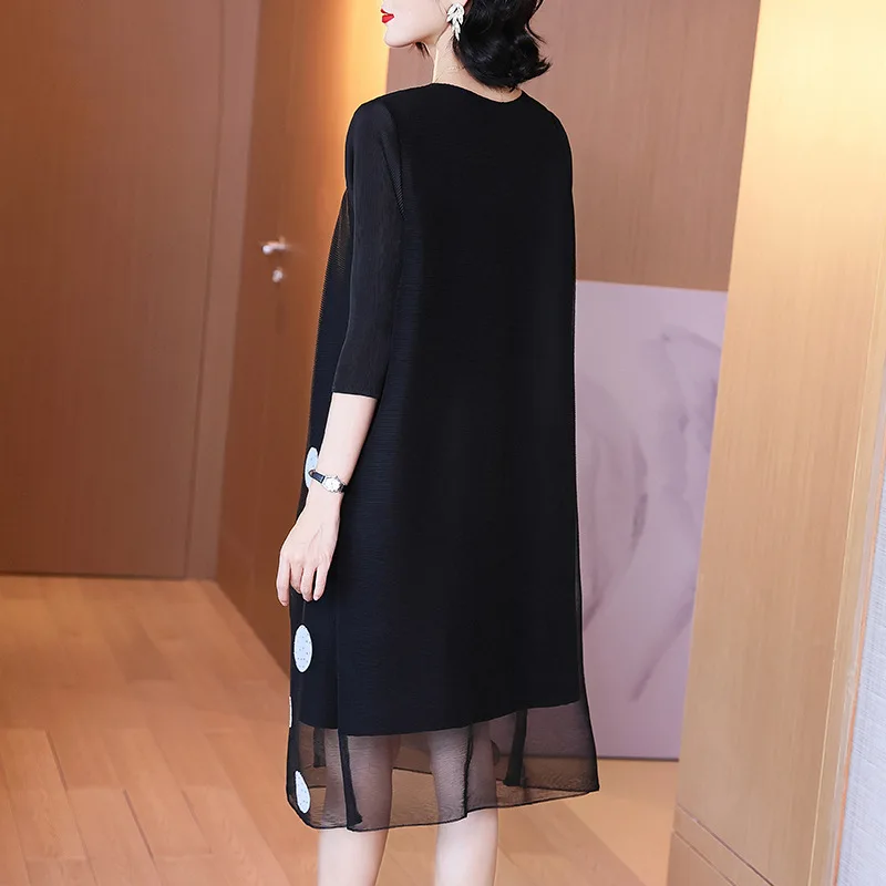 

Pleated Mother's Dress Spring New Women's Loose Plus Size High End A-line Black Dress