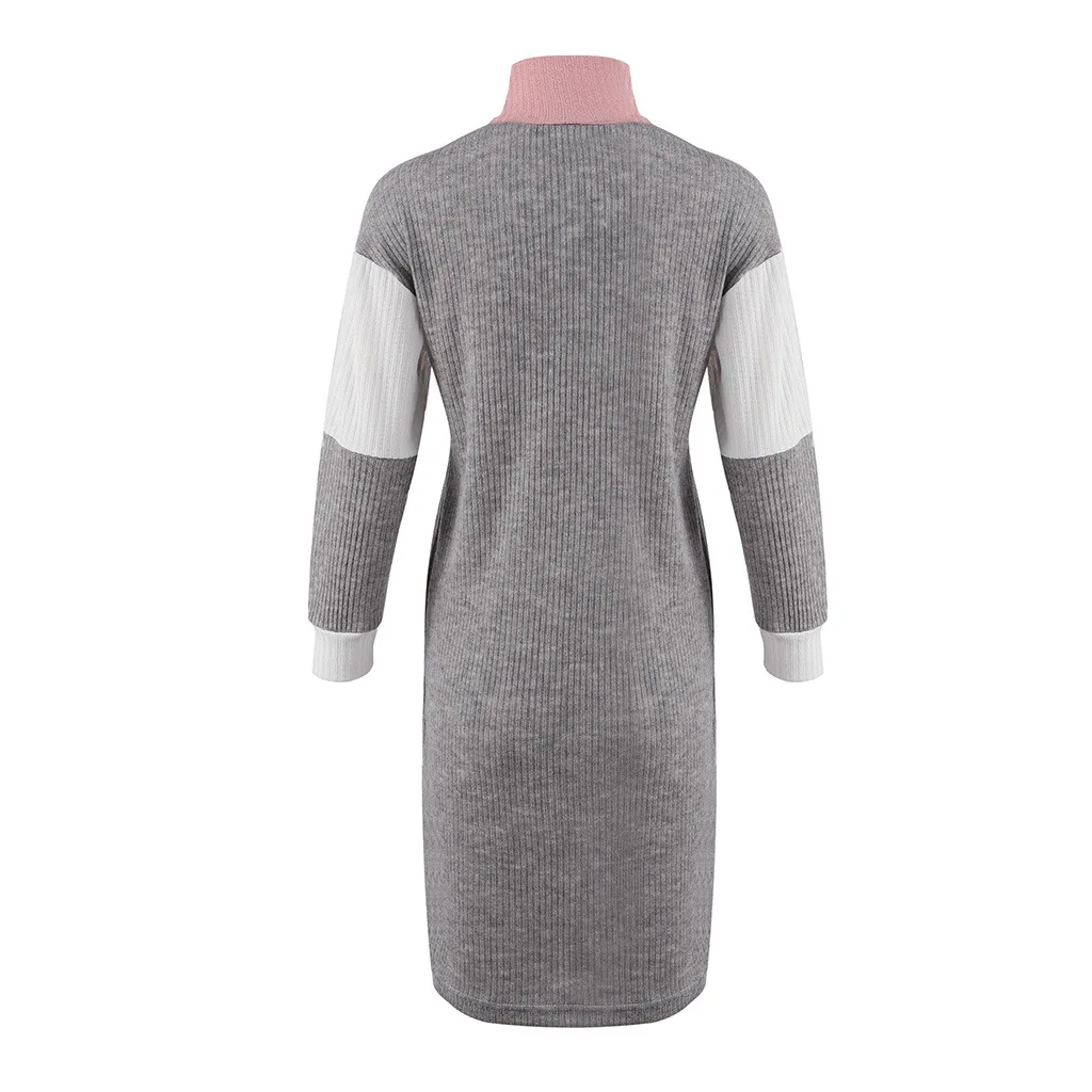 Модное серое розовое лоскутное свободное женское платье с высоким воротником и