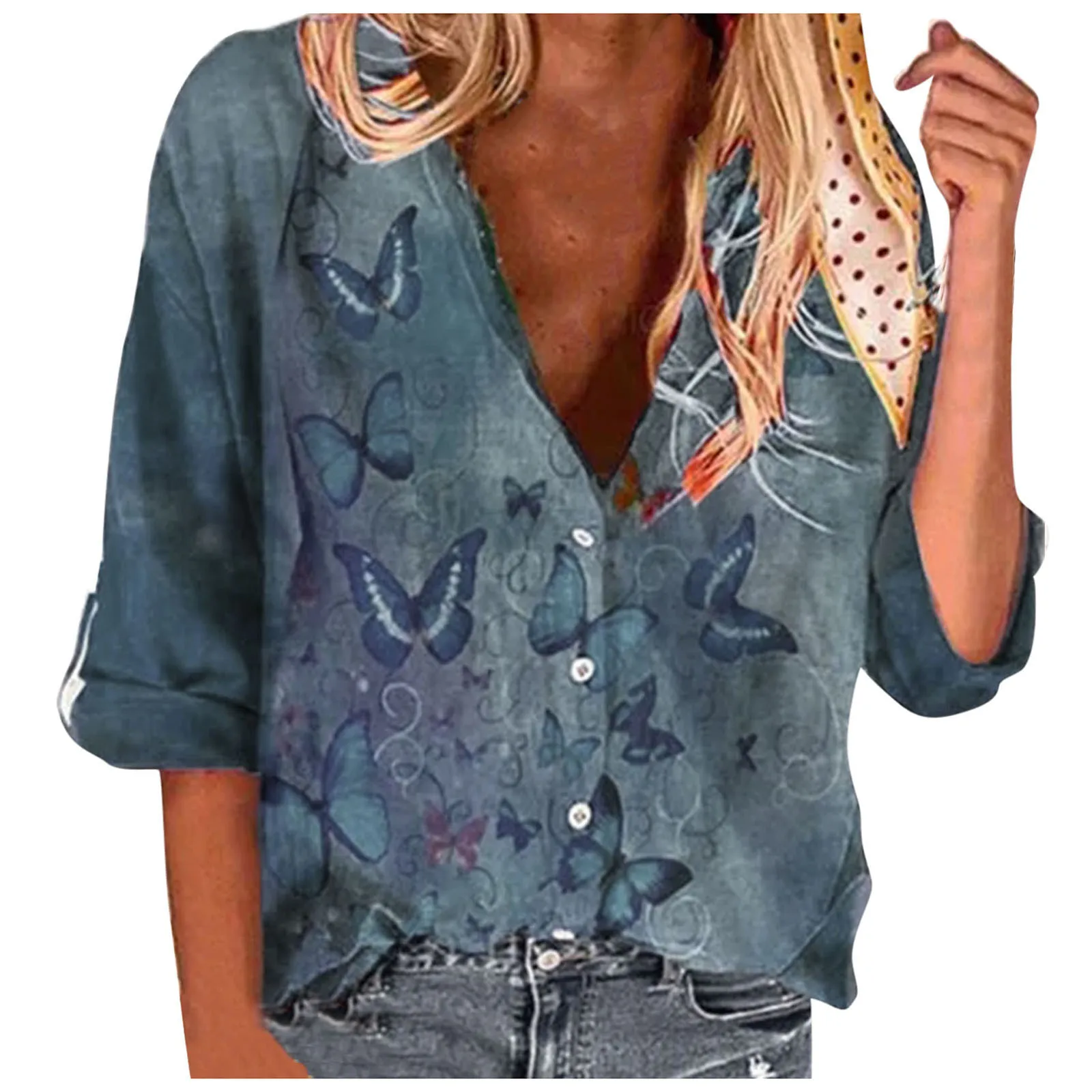

Women Casual Butterfly Print Casual Round Neckline Long Sleeve Patchwork Blouses Print Casual Vintage Shirt Sweatshirt