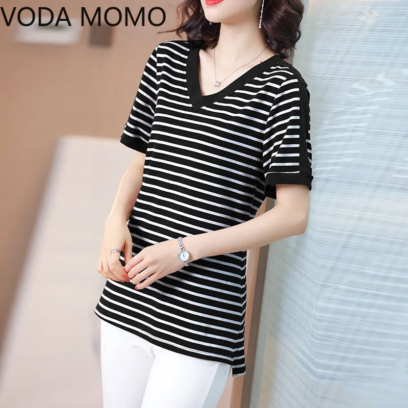 Летняя женская футболка в полоску с коротким рукавом топы размера плюс|Футболки|