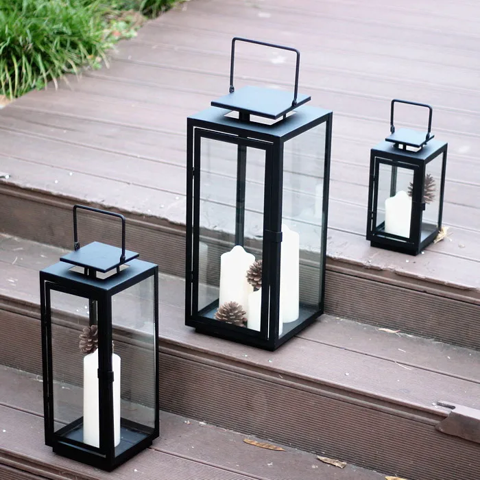 Черный железный уличный подсвечник стеклянный Хрустальный ветрозащитный