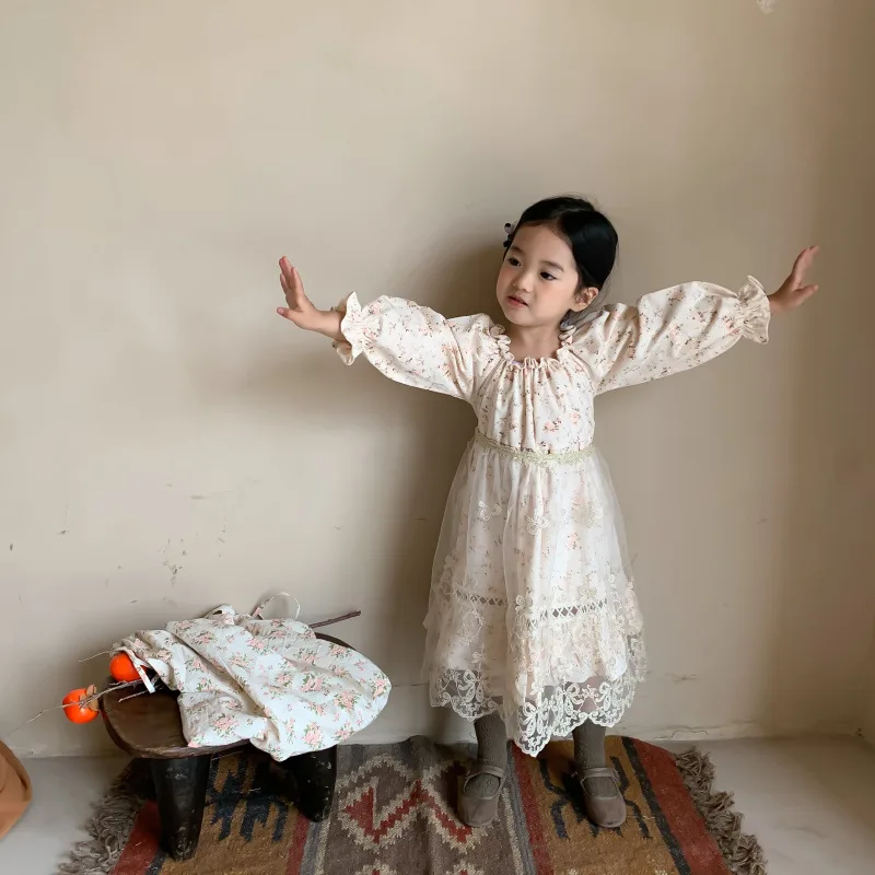 

Children's Princess Dress For Girls Floral Flower Dresses Vintage Retro Kids Frocks French Child Girls Christening Baptism Robe