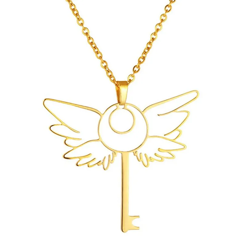 

Vintage Key Pendant Necklace Women Men Jewelry Angel Wings Charm Choker Gold Collares Largos 2020 Friendship Gift