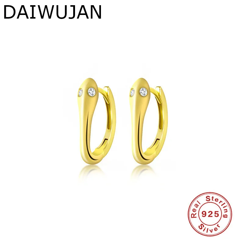 

DAIWUJAN Creative Real 925 Sterling Silver Animal Earrings Punk Gold Snake Zircon Small Hoop Earrings for Fashion Women Jewelry