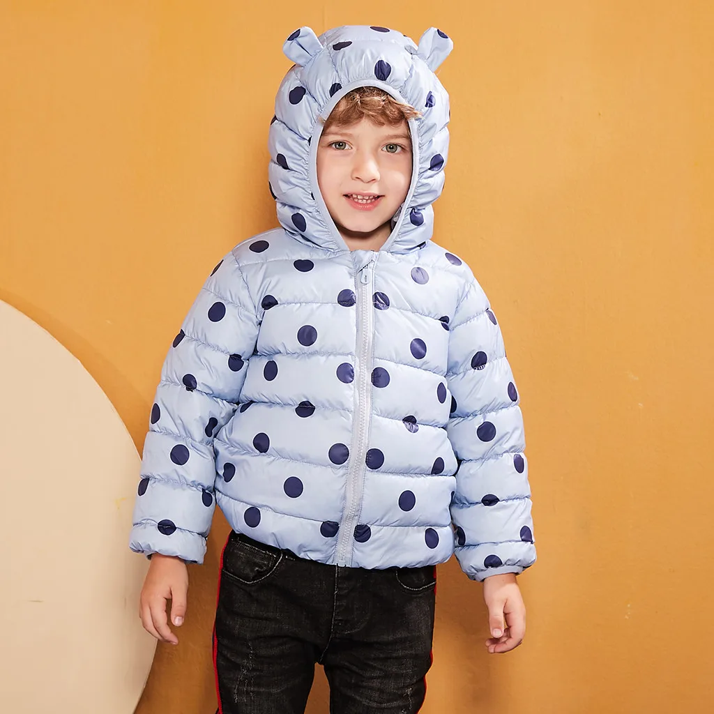 Модные детские пальто 2019 г. Зимнее толстое теплое в горошек на молнии с капюшоном