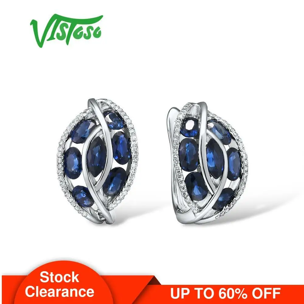 

VISTOSO Pure 14K 585 White Gold Earrings Blue Sapphire Shiny Diamond Earrings For Women Anniversary Charming Gift Fine Jewelry