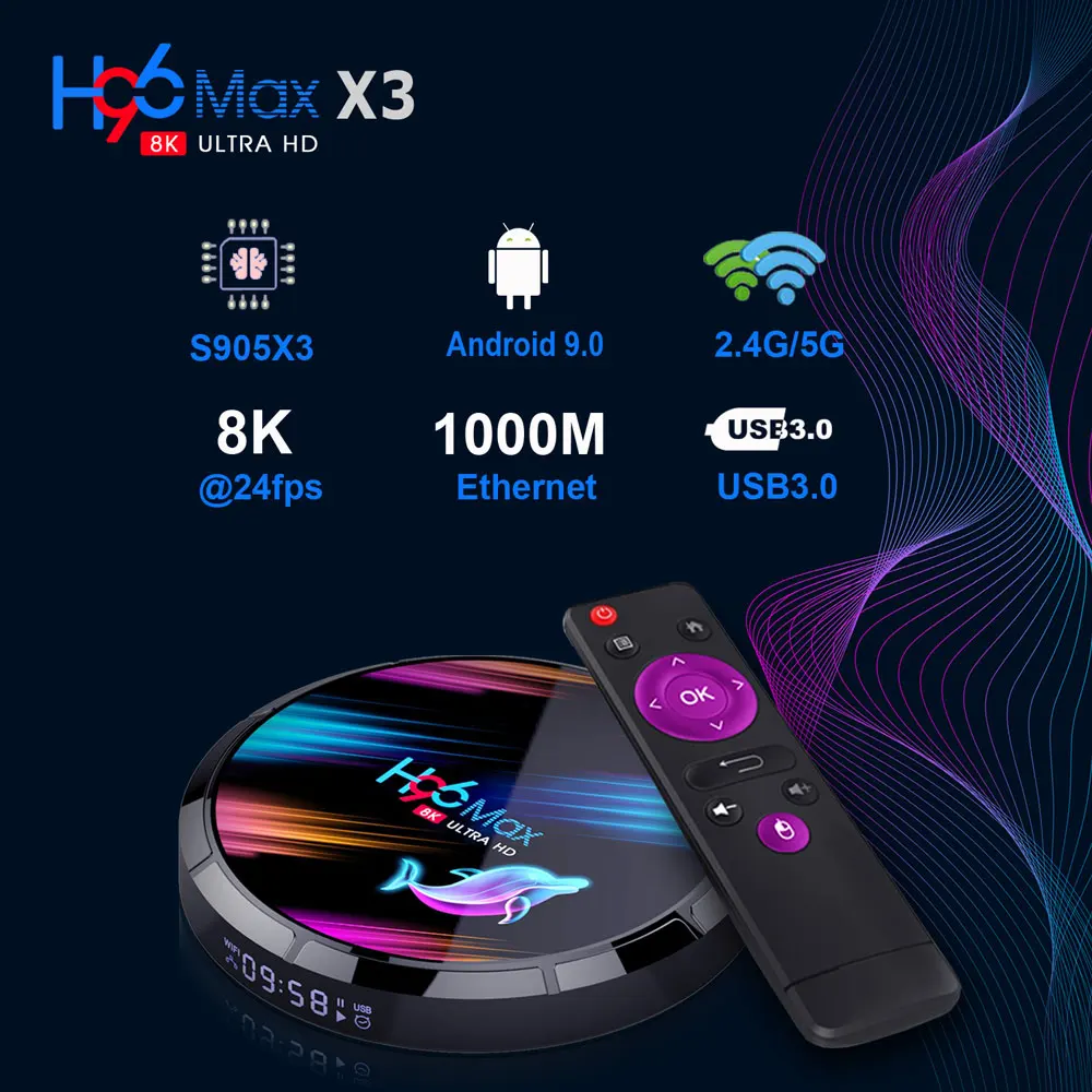 

H96 Max X3 Amlogic S905X3 TV BOX 4GB 32GB 5G WIFI BT 4.0 1000M LAN Android 9.0 4K 8K VP9 H.265 USB3.0 Set Top Box