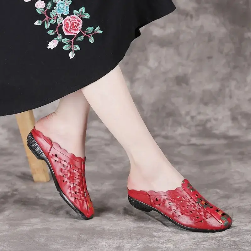 Женские кожаные полутапочки без пятки с мягкой подошвой Новинка лета 2021 плетеные