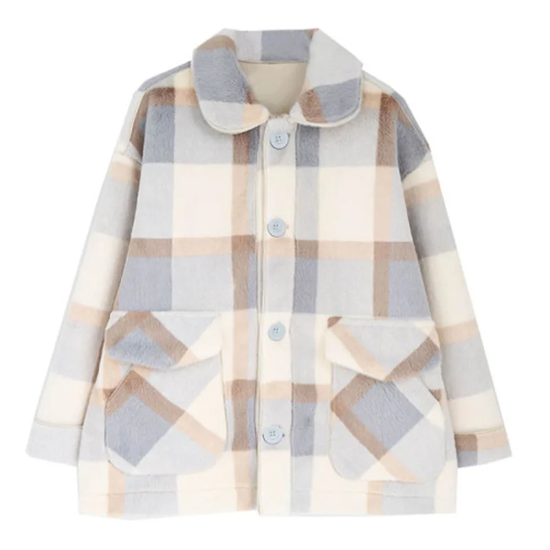

Winter Women's Lambswool Plaid Coat Korean Clothes Thicker Large Size Loose Wild Short Jacket