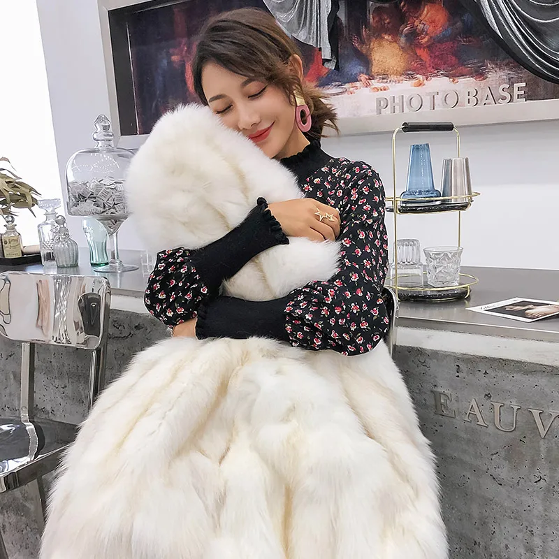 White Fox Tcyeek/зимнее пальто из натурального меха, Женская парка из натурального меха кролика Рекс, корейская Толстая теплая куртка, длинная куртка с капюшоном из лисьего меха, PK-9T - Цвет: White Fox