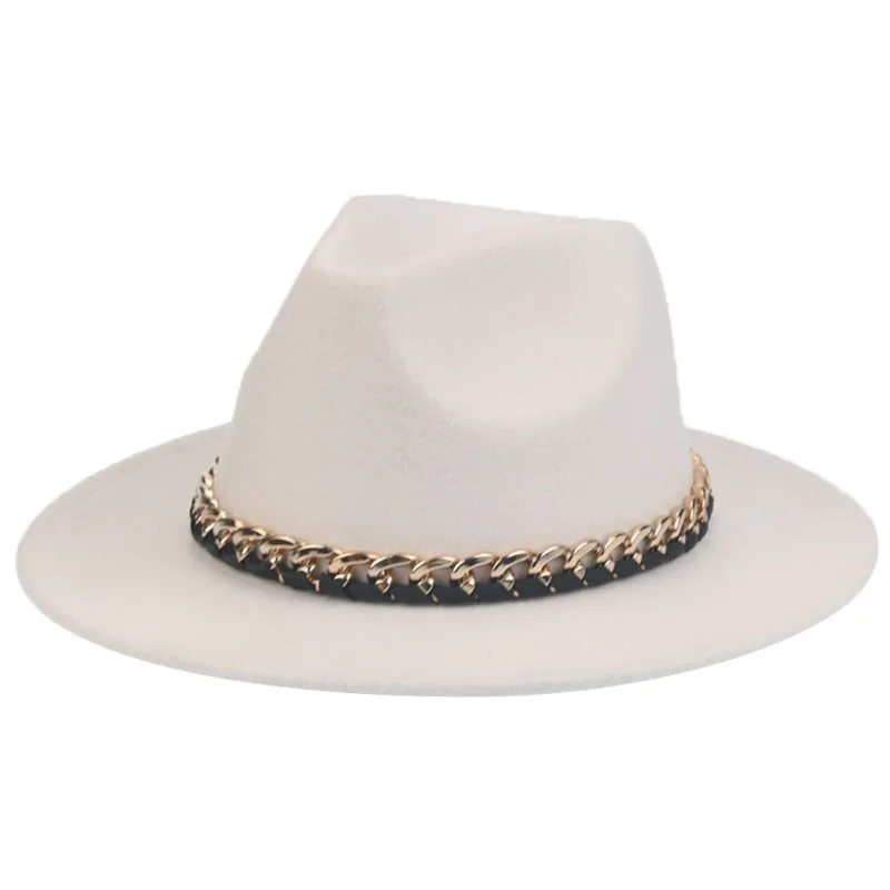 

Fedoras Black Khaki Women's Hat Panama Men Hat Church Felt Chain Belt Cowboy Casual Luxury Winter Hats for Women Sombrero Hombre