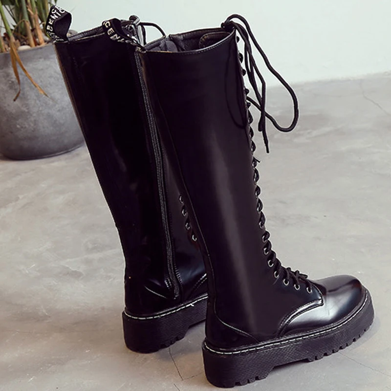 Женские зимние высокие сапоги Сапоги до колена из лакированной кожи на шнуровке