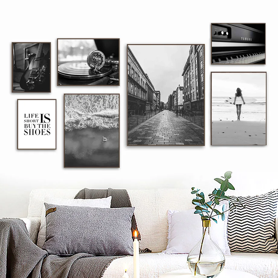 

Черно-белая гитара пианино морская доска для серфинга настенная Картина на холсте скандинавские плакаты и принты картины для гостиной дома...