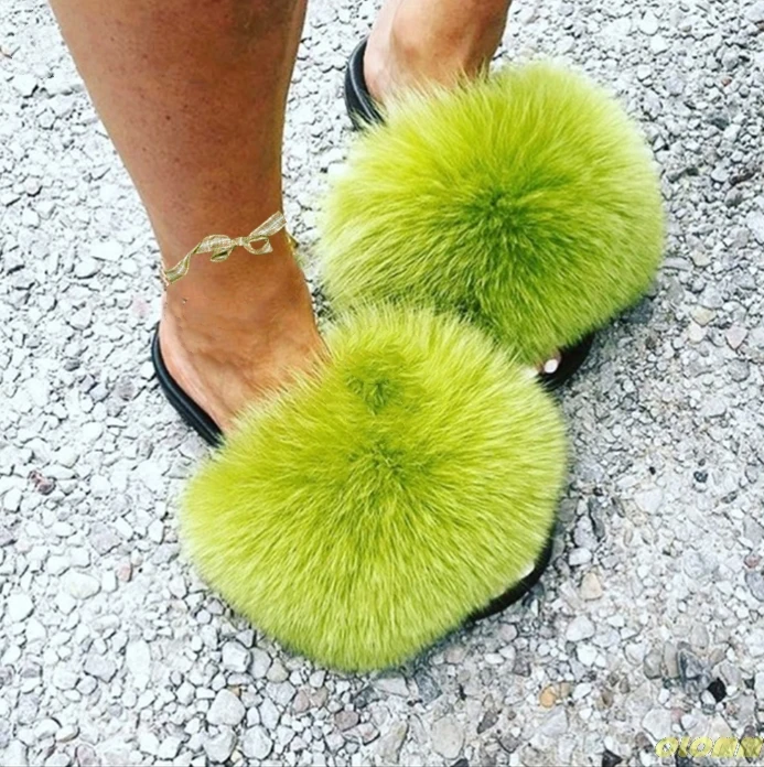 

Summer Raccoon Fur Slippers For Women Fluffy Real Fox Hair Slides Plush Home Sandals Fashion Cute Rainbow Flip Flops Ladies Shoe