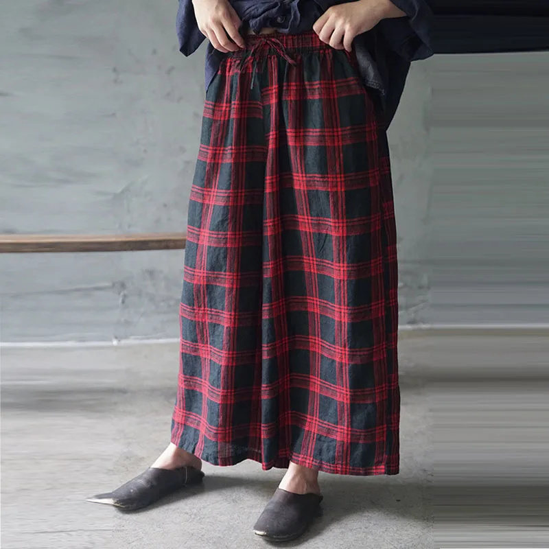 Для женщин клетчатый хлопчатобумажный элистичные средней посадки прямые брюки