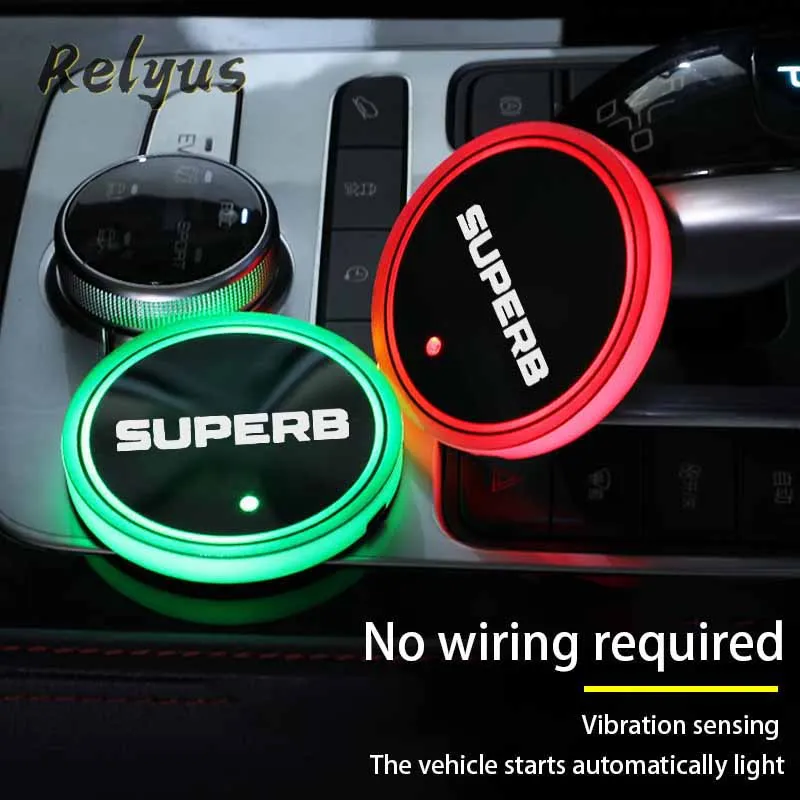 

7 Color Car Luminous Cup Mat Coaster Led Atmosphere Light Non-slip mat For Skoda Superb 3 Estate 3V3 3V5 3T5 2 Auto Accessories
