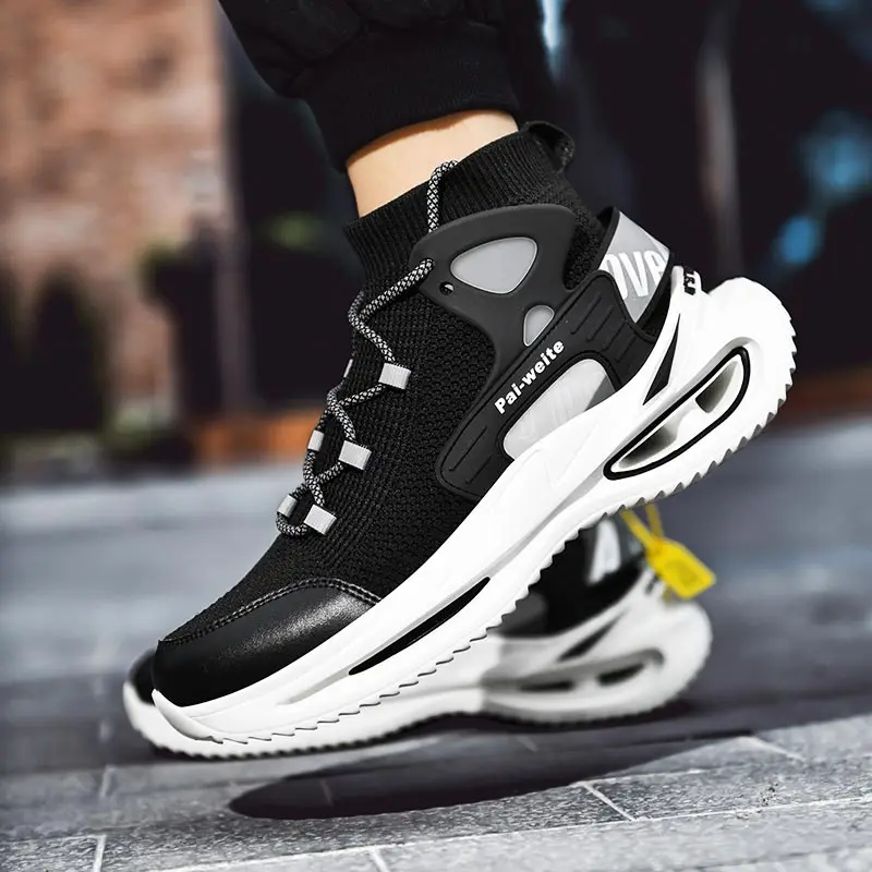 

Plus Size High-top High-soled Sock Sneakers Mens Sports Shoes Tennis Running Man Sport Shoes Men Sneakers 2021 Black Knit E-862