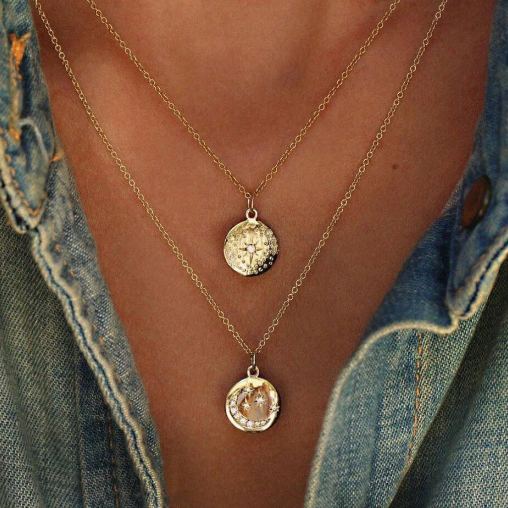 

2021 New Fashion New Moon Star Pendant Diamond Multilayer Women Metal Gold Necklace Jewelry Gift