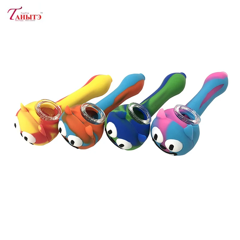 

Cool Little Devil Silicone Tobacco Cute Smoking Pipes Glass Bowl with Wax Oil Jar Cat Face Stainless Steel Spoon Color Random