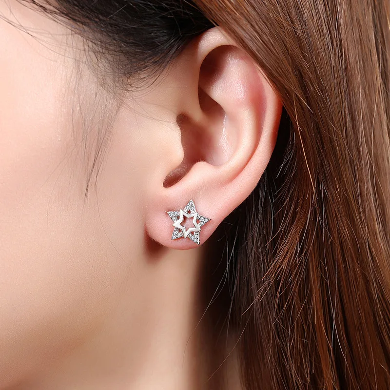 

Korean 925 Sterling Silver Double Star Charm Piercing Stud Earring For Women Girls Jewelry Pendientes Accessories eh951