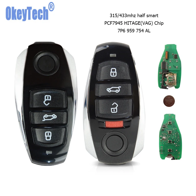 OkeyTech-llave de coche remota inteligente para VW Touareg, 2010-2014, 315mhz, 433mhz, PCF7945, Chip HITAGE para Volkswagen Fob, hoja sin cortar, HU66, FCC