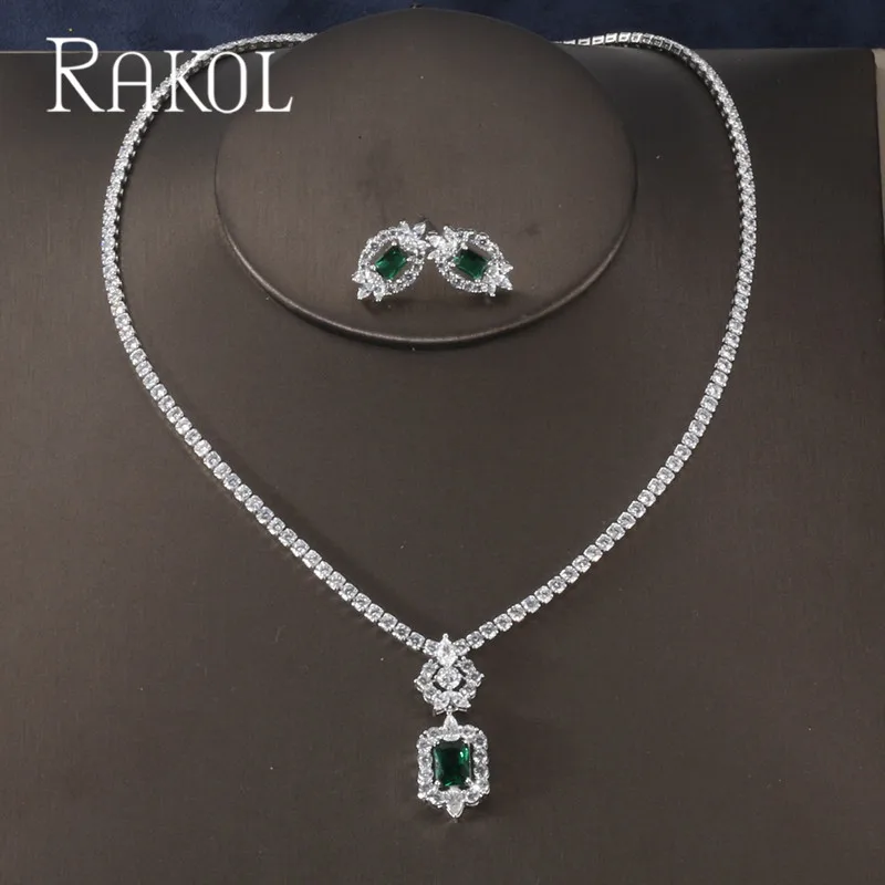 Square Green RAKOL Новая мода Роскошные AAA циркон форма капли воды ожерелье серьги набор украшений для женщин вечерние свадебное платье аксессуары - Окраска металла: Square Green
