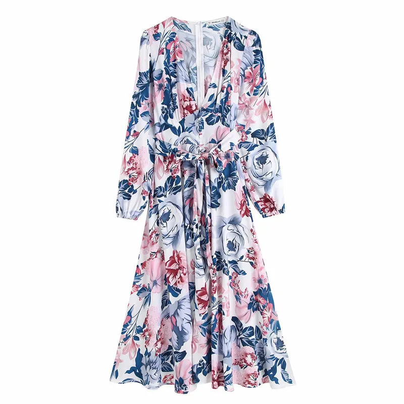 

Fashionable 2021 Women New Spring Summer Floral Casual Dresses Ladies Elegant V-neck Color Printed Lace Up Dress For Female