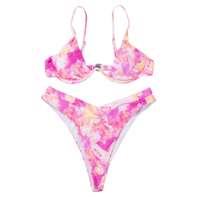 

Women Swimsuit Lady Gradient Padded Bra High Waist Bikini Bandage Push-up Swimwear Set Tie Dye 2020 Summer Beach Bathing Suit