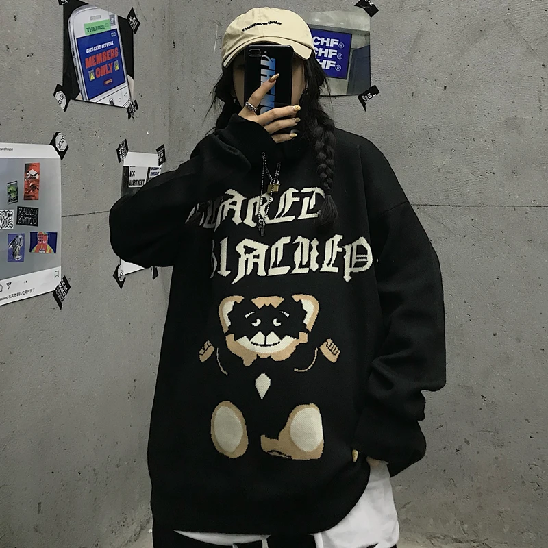 

Gothic Sweaters Women Black O-neck Oversized Knitted Pullover Tops 2021 Winter Spring Warm Thicken Harajuku Boyfriend Sweater