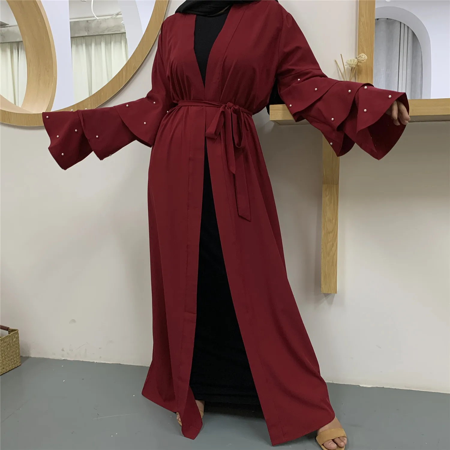 

Donsignet Muslim Fashion Beads Multi-layered Trumpet Sleeves Belt Cardigan Robe Middle East Duabi Abaya Turkey Robe Muslim Dress