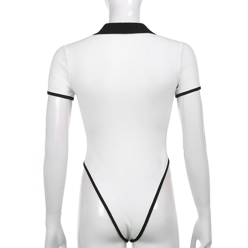 

Mandylandy Bodysuits Sexy Single Breasted Turn-down Collar Short Sleeve Bodysuits Women's Slim Solid Color Patchwork Bodysuits