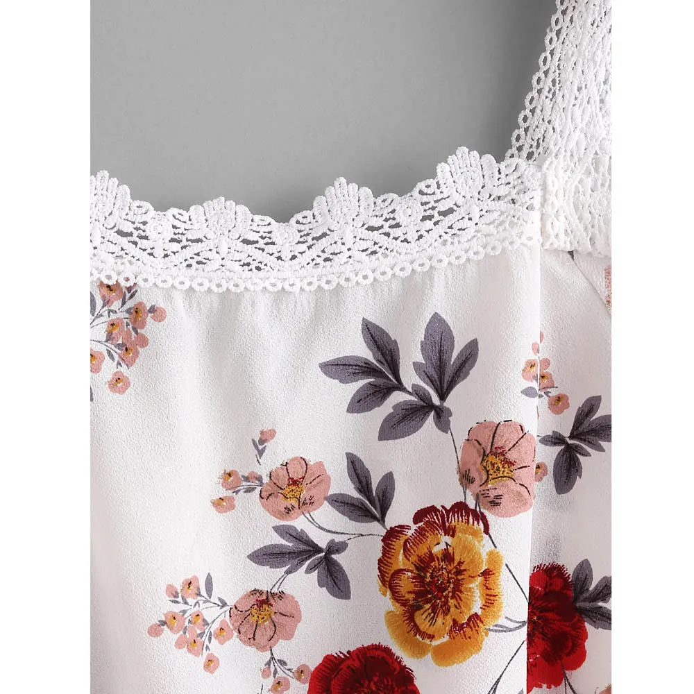 Модная летняя блузка Feitong с цветочным принтом Женская кружевная на бретельках