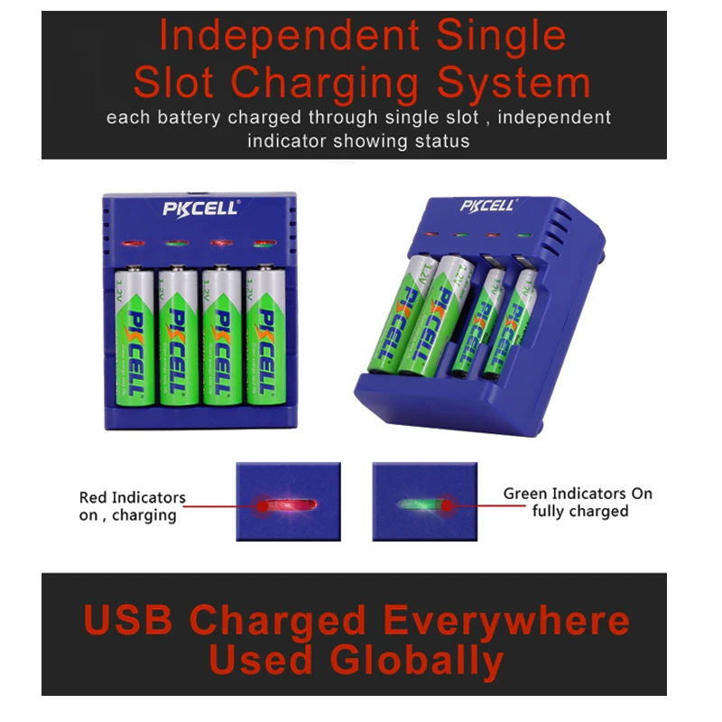 PKCELL цветное зарядное устройство 4 слота для NIMH/NICD AA AAA батареи USB независимая