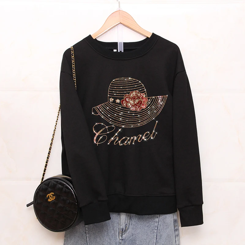 

Autumn Fashion Loose Sweatshirts female Creativity Hats Hot diamonds Pattern Casual Round neck women long sleeve tops pullovers