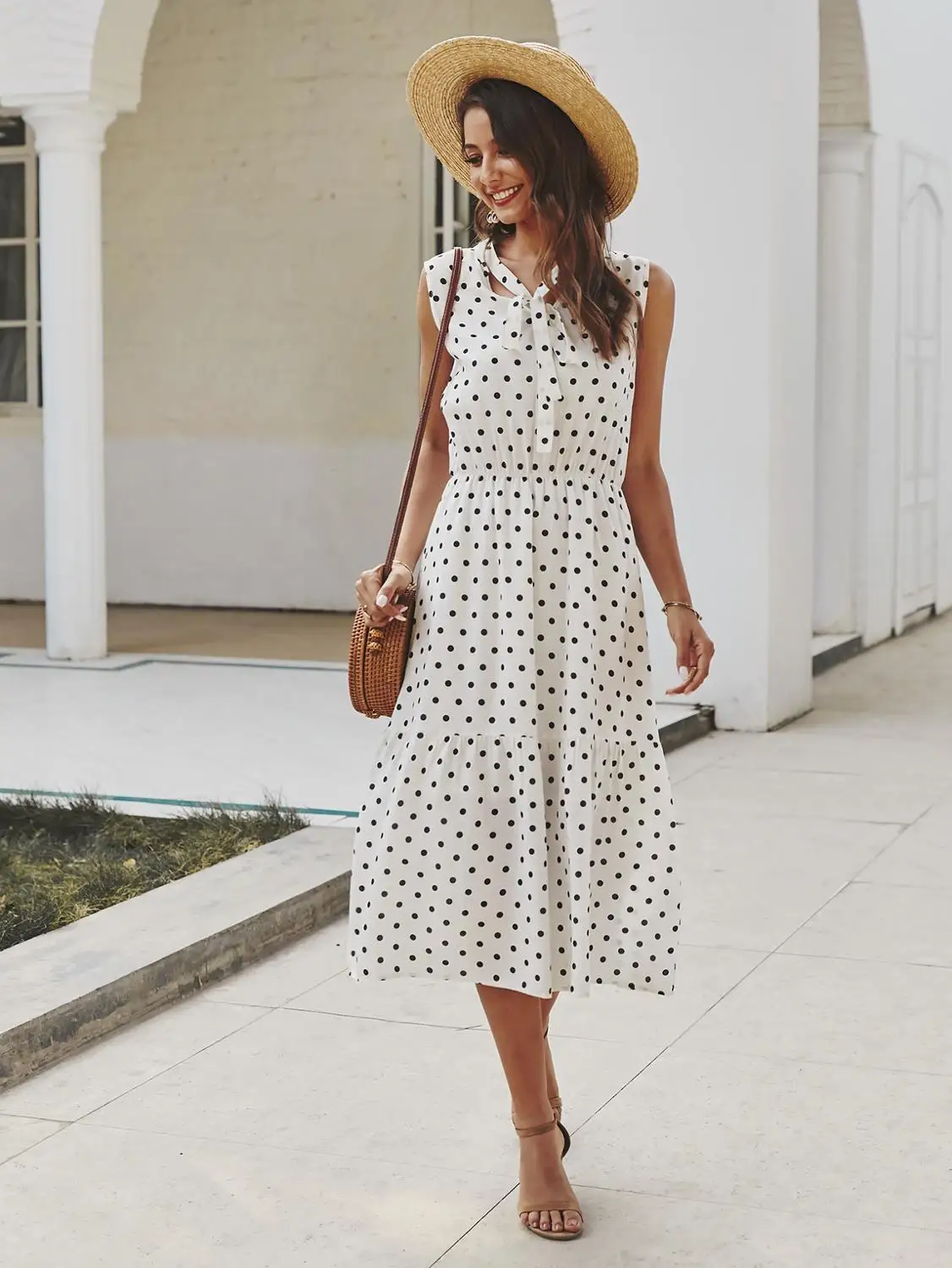 

Long Dress Women Polka-dot Pink White Ruched Midi Dresses Elegant Lacing-Up Bow Tie 2021 Casual Summer Dress Women Clothes