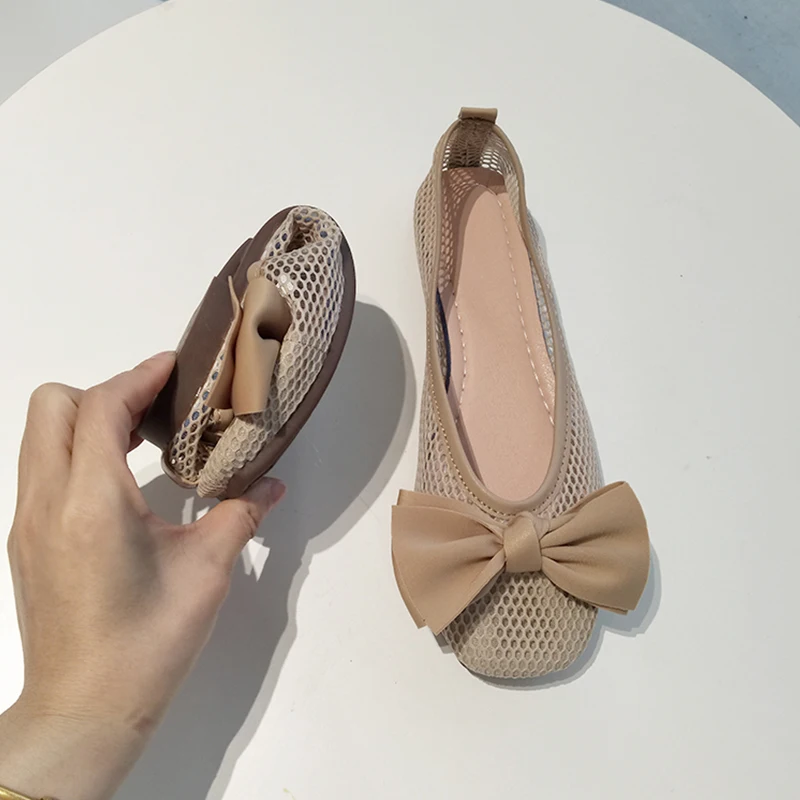

Spring and Summer Flat Bottom Square Head Shallow Mouth Fairy Wind Bow Net Surface Breathable Comfortable Work Beans Shoes