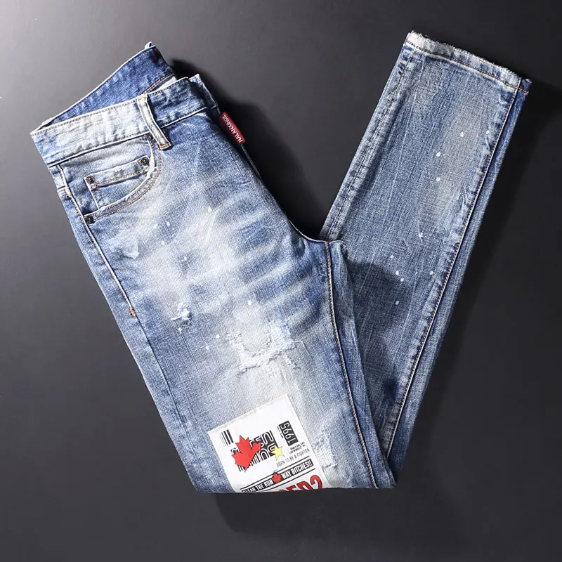 Street Style Fashion Men Jeans Retro Light Blue Elastic Slim Ripped Jeans Men Patch Designer Hip Hop Splashed Denim Pencil Pants