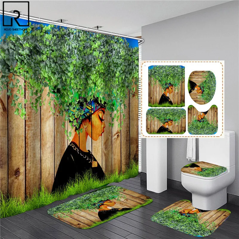 elegant african black woman print shower curtain set american girl polyester bathroom curtains anti slip bath mats carpets rugs free global shipping