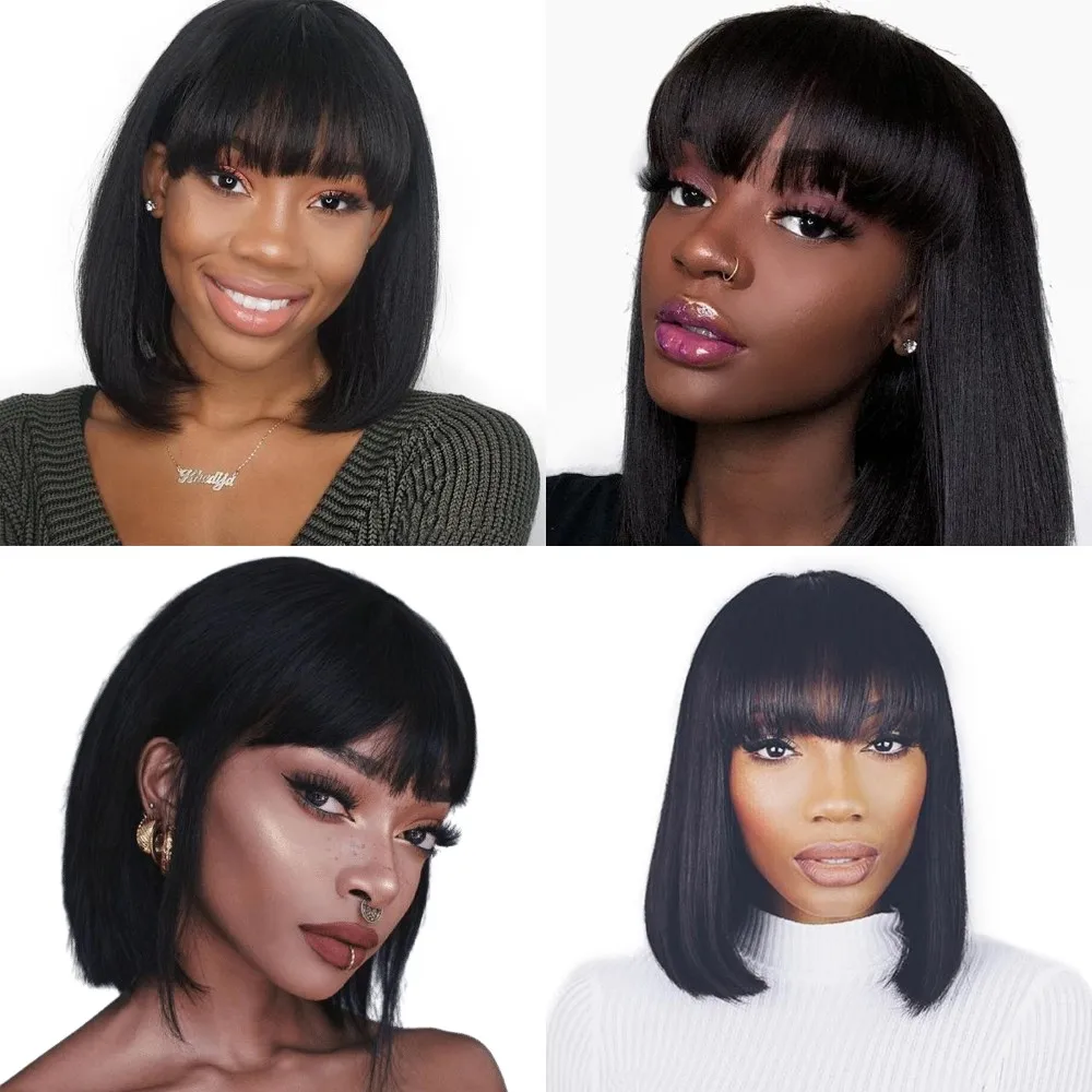 

BOB Wig Human Hair For Black Women Brazilian Straight BOB Wig With Bangs 150% Density Fringe Wig Elastic Lace Go To Wig