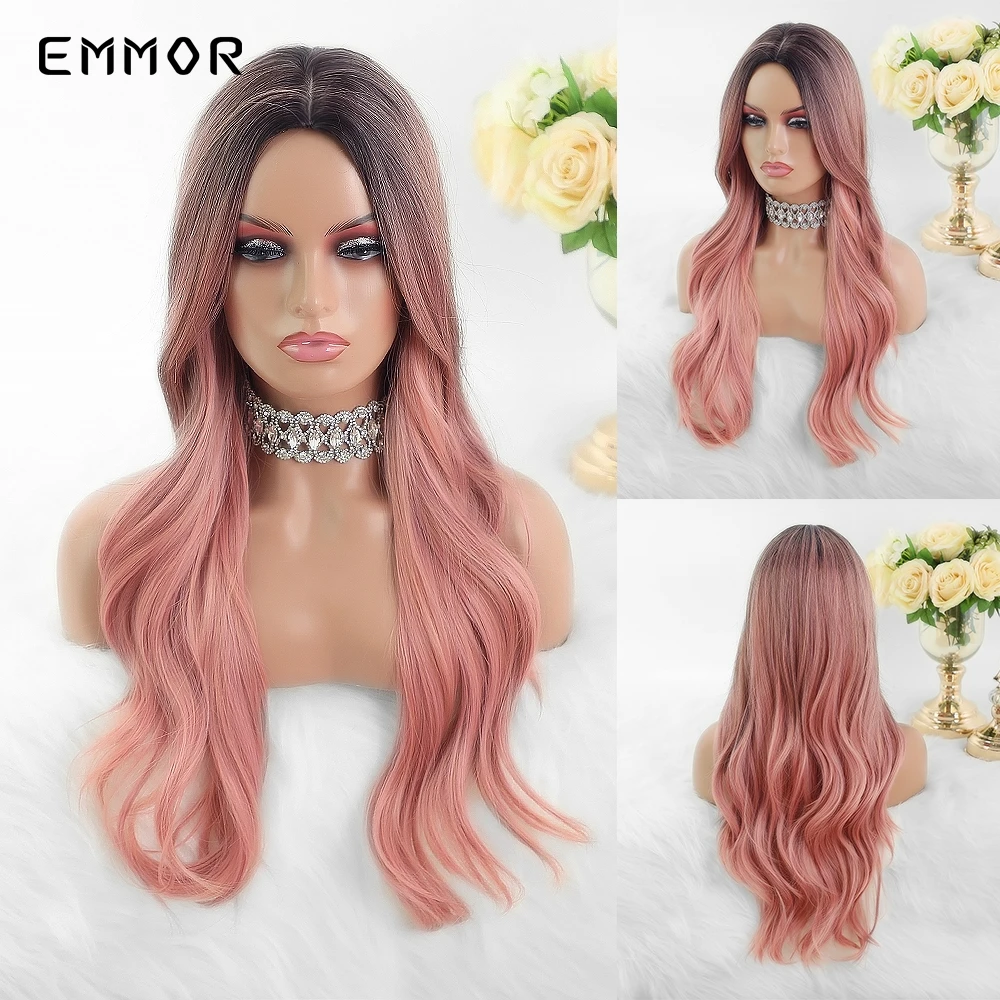

Emmor High Temperature Cosplay Daily Pink Wig Long Black Root Melt to Pink Natural Wave Synthetic Hair Wigs with Bangs for Women
