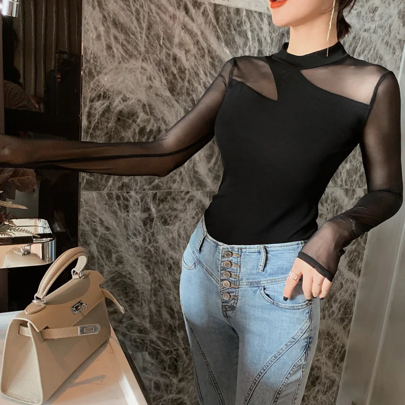 Новинка весны 2020 модная прозрачная футболка женская черная Лоскутная с длинным