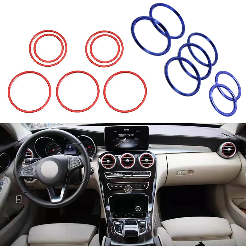 

7X Red Blue Car-styling AC Outlet Ring Decoration Air Conditioning Vents Trim Stickers Cover for Mercedes Benz C Class W205 GLC
