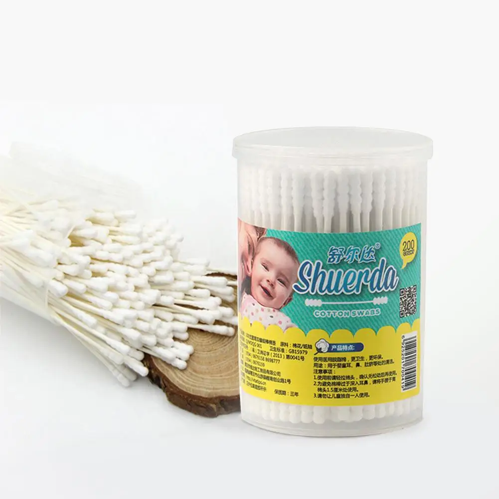 

200 шт./кор. детские ватные палочки с двойным концом тампон Одноразовые тонкая ручка очищающее средство для ватных палочек для лица ушами, нос...