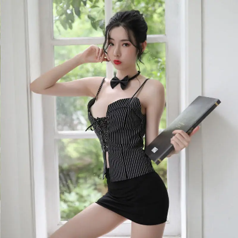 

Sexy Lingerie Secretary Wear Striped Sling Adjustable Low-Cut Cross Straps Hollow Stretch Short Hip Skirt Temptation Passion