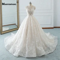 illusion o neck lace appliques tulle sleeveless cathedral train wedding dress 2021 custom made button back bridal ball gown