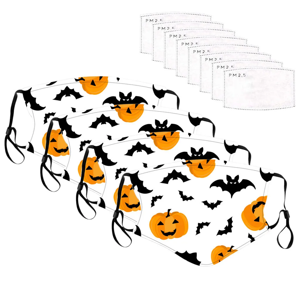 

4pcs Unisex Adjustable Windproof Reusable Halloween Printed Face Mask Mascarilla Cycling Mouth Cover Face Masks Summer Hot Sale
